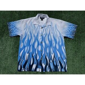 Vintage Y2K Silver Point Men's Large White Blue Flame Tribal Button-Up Shirt